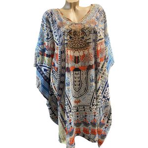 Dames kaftan/tuniek met print en steentjes one size 38-48 blauw/rood