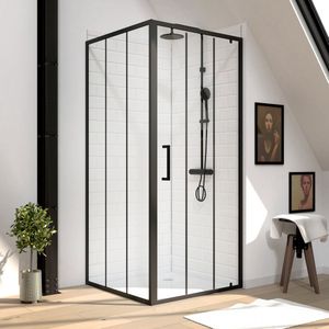 Pack met douchedeur 90x200cm en zijwand 90x200cm - verticale zwarte gezeefdrukte lijnen - DRAAIDEUR