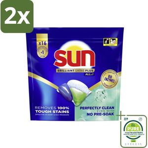 Sun – Vaatwascapsules – Brilliant Shine+ All-in-1 – 16 capsules - Voordeelverpakking - 2 stuks - Vaatwasmiddel - Vaatwascapsules