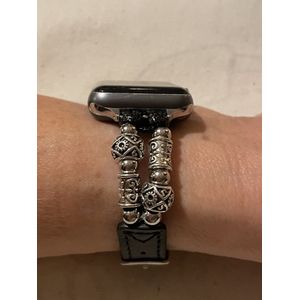 Geschikt voor Apple Watch horlogebandje- 38/40/41 mm-Boho vintage- zwart leren bandje met kralen en gespsluiting