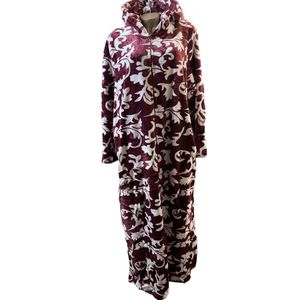 Dames Fleece Badjas extra lang 140CM met Ritssluiting en capuchon XL donkerrood/wit