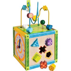 5 in 1 speelcentrum - kleurrijke motorische kubus met motorische lus, insteekspel, muziekdoos, draaispel, motoriekspel, voor kinderen vanaf 1 jaar, houten speelgoed