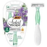BIC Soleil Escape Scheermes- Geur Lavendel en Eucalyptus - Geparfumeerde greep - Verpakking van 3 wegwerpscheermesjes - 3 mesjes