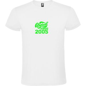 Wit T-Shirt met “Original Sinds 2005 “ Afbeelding Neon Groen Size XS