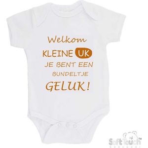 100% katoenen Romper ""Welkom kleine uk, je bent een bundeltje geluk"" Unisex Katoen Wit/tan Maat 56/62