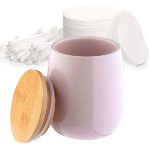 Cosmeticadoos, opbergdoos van keramiek - wattenschijfje met deksel van bamboe, wattenschijfhouder, voorraaddoos, wattenhouder, universele doos voor badkamer, wattenschijfjes, rond - Roze KADAX