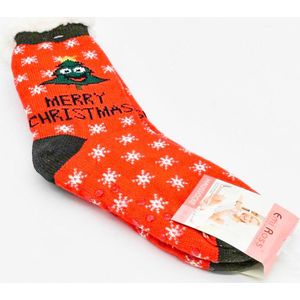 Merino Wollen Kerstsokken  - Rood met Kerstboom - maat 39-42 - Huissokken - Antislip sokken - Warme sokken – Winter sokken
