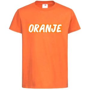 T-shirt Kinderen ""ORANJE"" Op Voorkant EK Voetbal Europees Kampioen Kampioenschap Oranje Koning Koningsdag | korte mouw | Oranje/wit | maat 98/104