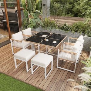 Sweiko Tuin Dining loungeset - 6 zitplaatsen - 7-delige Eetset - Eettafel van gehard glas - PE rotan - Acaciahouten armstoelen - Beige + Zwart