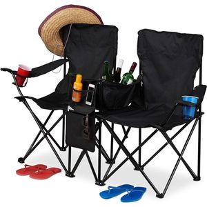 Double Camping Chair Portable Folding Chair with Cup Holder Cooler Bag Storage Compartments - Black Color - Outdoor Camping Equipment
