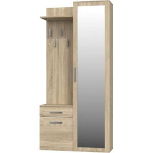 Schoenenkast met spiegel Ibiza Kapstok 100 x 180 cm - Kledinghanger - Gelaagde plaat - Sonoma eiken - Modern design Schoenenkast met spiegel