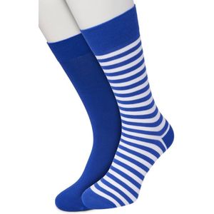 Bonnie Doon Sokken Set Gestreept en Effen voor Heren Cobalt Blauw/Wit maat 40/46 - Set met 2 paar Sokken - Strepen - Katoenen Sok - Gladde Naden - Brede Boord - Perfecte Pasvorm - 2-pack - Multipack - Cobaltblauw - White - Cobalt - OL0121012.183