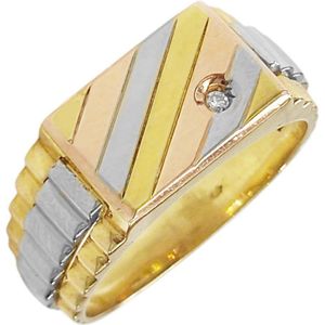 Gouden Herenring Zegelring Tricolor 0.02 ct Diamant 18 karaats