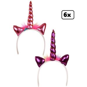 6x Diadeem luxe Eenhoorn 15 cm 2 assortie - Unicorn - Festival thema feest party verjaardag fun feestje