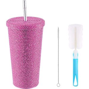 Rivets Cup Glittermok met deksel en rietje, 480 ml Bling Waterfles Strass Thermische Mok Roestvrij Staal Diamant Tumbler Strokop Glitter Koffiemok voor Dames, Roze