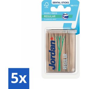 5 x Jordan Tandenstokers Double Ended Regular 100 stuks per verpakking - Mintsmaak - Mondverfrisser - Tandenverzorging