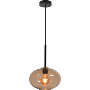 Zwarte hanglamp | 1 lichts | bruin / zwart | niet spiegelend | glas / metaal | in hoogte verstelbaar tot 130 cm | diameter 26 cm | eetkamer / woonkamer / slaapkamer / hal | modern / sfeervol design