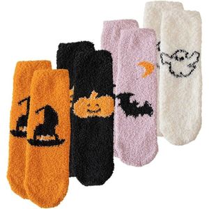 Gezellige, zachte sokken voor Halloween - Halloweencadeaus - Antislipsokken voor dames - Pantoffelsokken - Zachte sokken - Warme slaapsokken voor dames in de winter (4 paar - één maat)