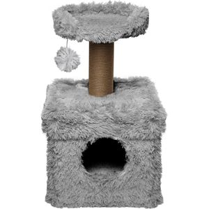 Topmast Krabpaal Fluffy Lima - Grijs - 39 x 39 x 72 cm - Made in EU - Krabpaal voor Katten - Met Kattenhuis - Sterk Sisal Touw