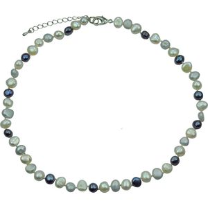 Zoetwater parel ketting Grey Black and White Pearl - parelketting - echte parels - sterling zilver (925) - handgeknoopt - wit - grijs - zwart - hand geknoopt