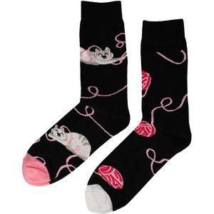 Sokken katoen - katten print - zwart wit roze - maat 38-46