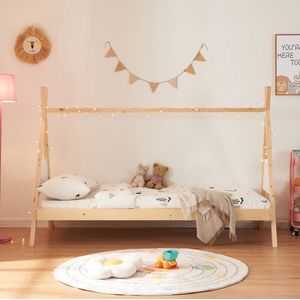 Kinderbed Siikajoki Tipi hoog uitvoering met matras 90x200 cm naturel en wit [en.casa]