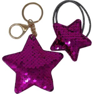 Jessidress Setje van Haarelastiek met sleutelhanger Haaraccessoires van Pailletten - Fushia