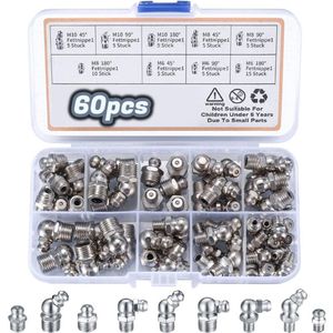 Smeernippelassortiment - 60-delige - geschikt voor schroefdraad, vetnippels M6 M8 M10, vetnippels met buitendraad, rechte/45°/90° vetnippels voor mechanische apparatuur, inschroefsmeernippel