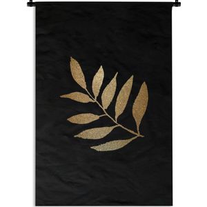 Wandkleed Golden/rose leavesKerst illustraties - Tak met dunne langwerpige gouden bladeren op een zwarte achtergrond Wandkleed katoen 90x135 cm - Wandtapijt met foto