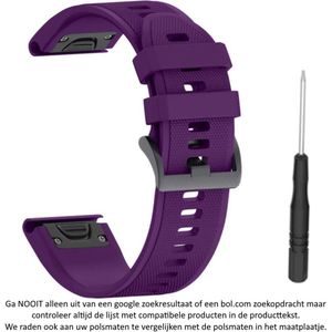 Paars Siliconen Horlogebandje geschikt voor Garmin Fenix 5 (& 5 Plus & Sapphire) / Forerunner 935/945 / Quatix 5 &5 Sapphire / Fenix 6 &6 Plus / Approach S60 & S62 / MARQ / D2 Delta – Maat: foto – Quickfit Compatibel – 22 mm purple smartwatch