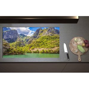 Inductieplaat Beschermer - Bos met Bomen op Rotsen aan het Water - 95x52 cm - 2 mm Dik - Inductie Beschermer - Bescherming Inductiekookplaat - Kookplaat Beschermer van Zwart Vinyl