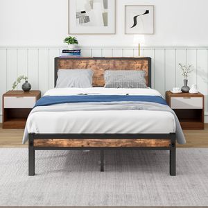 Pugsdrly Metalen bedframe 120x200 cm met hoofdeinde en opbergruimte, eenvoudig metalen platformbed, geruisloos, metalen onderstel, zonder gestoffeerde bodemplaat, vintage bruin