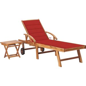 vidaXL - Ligbed - met - tafel - en - kussen - massief - teakhout