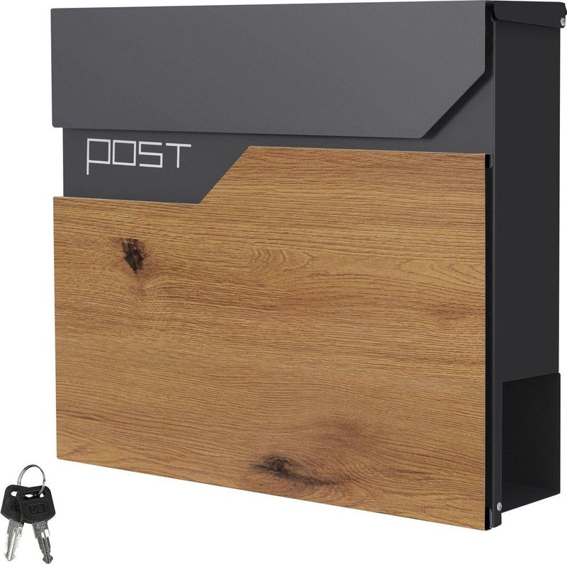 Brievenbus met krantenvak 37x37x11 cm antraciet/houtdecor roestvrij staal ML design
