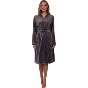 Dames badjas met rits - donkergrijs - fleece - zacht & warm - ritssluiting badjas dames - luxe ochtendjas -stippen reliëf - maat XXL (52-54)