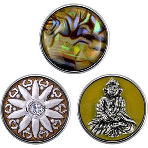 Quiges - Chunk 18mm Click Button Drukknoop Set van 3 Stuks Inspiratie Geel met Boeddha - EBCMSET012