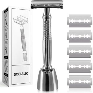 Socialic® Safety razor set incl. 5 mesjes en houder - safety razor van hoogwaardig metaal voor mannen en vrouwen | wet razor voor een glad scheerresultaat | single blade razor, ideaal voor ontharing