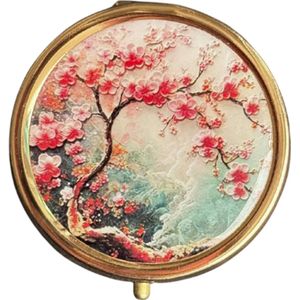 SL17 Pillendoos Rond Metaal - Kersenbloesem - Medicijnen en Pillen Bewaarbox - 3 vakken