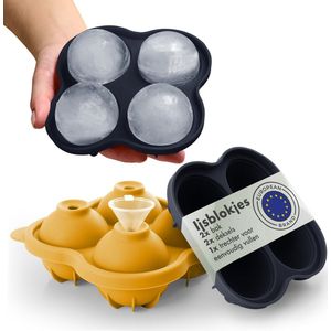 Blumtal IJsblokjesvorm - 2 x 4 IJsblokjes - Hoogwaardig Siliconen - 8 Stuks - 5 cm - Rond XXL - Incl. Trechter - Donkerblauw en Mosterdgeel - Set van 2