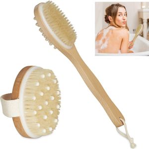 Relaxdays badborstel - 2 stuks - rugborstel met steel - massageborstel - droogborstel hout