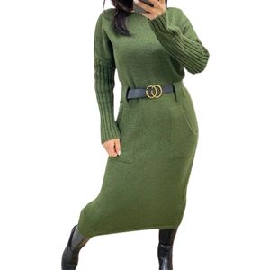 Dilena fashion lange jurk fijn gebreid riem groen