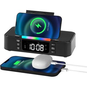 Draadloze Oplader Wekker met Bluetooth-Luidspreker en Nachtlampje - Digitale Alarmklok met Dubbel Alarm en Helderheid