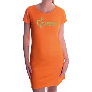 Koningsdag Queen jurkje oranje met gouden letters en kroon voor dames - Koningsdag dress / kleding / outfit S