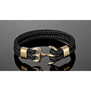 Style King - Leren anker armband met RVS Sluiting - Armband - Zwart Leer - RVS sluiting - 21 cm - Anker sluiting - Gouden accenten