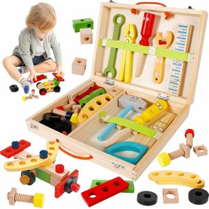 Houten gereedschap voor kinderen, 34 stuks gereedschapskist speelgoed, educatieve constructie puzzelspellen, Montessori speelgoed 3 4 5 jaar oud jongen meisje cadeau