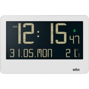 Braun BC14W - Wandklok - Tafelklok - Digitaal - LCD - Kalender- en temperatuurfunctie - Pieptoonalarm • 12/24H - Uitklapbare standaard - Wekkerfunctie - Snooze - Wit