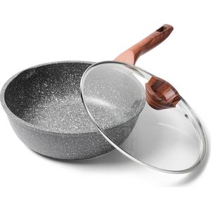 24 cm Diepe Pan met Deksel, Hoge Rand Pan, Anti-aanbak Koekenpan met Deksel, Geschikt voor alle Kookplaten inclusief Inductie.