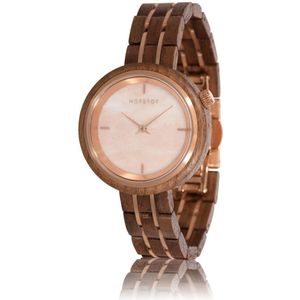 HOT&TOT | Phoenix - Houten horloge voor dames - 36mm - Walnoot hout - Rozenkwarts steen - Roségoud - Bruin