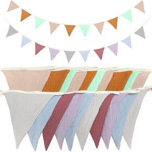 26 meter vlaggetjesslinger kinderkamer stof babykamer decoratie om op te hangen mousseline katoen zacht en speels meerkleurig driehoekige vlaggen (Morandi-koffie + Morandi-grijs) - Set van 2