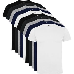 10 Pack Roly Dogo Heren T-Shirt 100% katoen Ronde hals Zwart, Donker Blauw, Donker Grijs / Lichtgrijs gemeleerd, wit Maat L